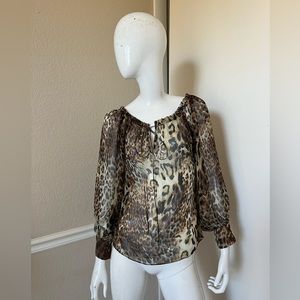 CYNTHIA ROSE 100% Silk Animal Leopard Print Peasant Blouse Sz S